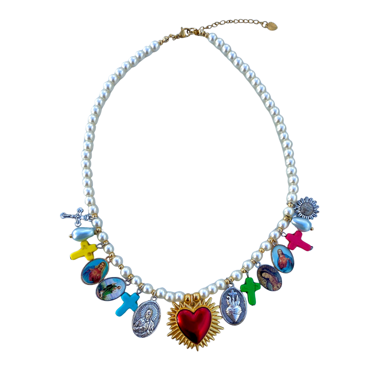 KD050843- Collar Celestial de Perla con Multi dijes Religiosos