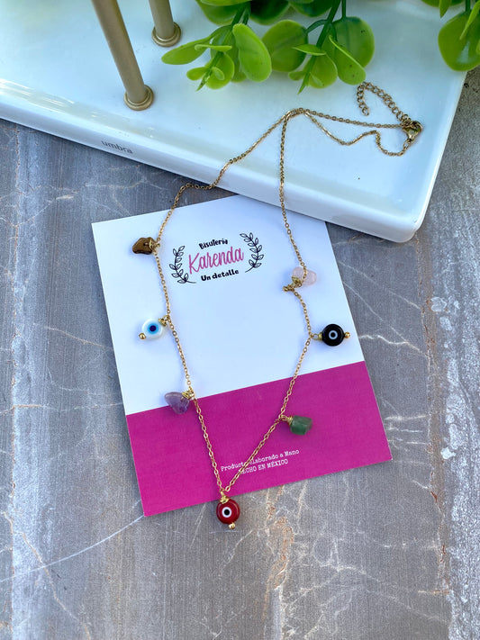 KD050757- Collar de Cadena con Multi dijes de Ojos Turcos y Piedras Naturales