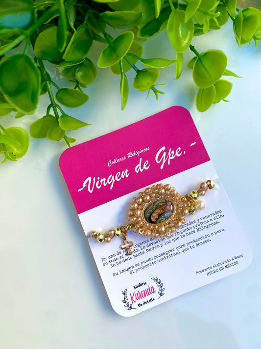 KD230096- Pulsera Medalla de la Virgen de Guadalupe Perla color Rosado