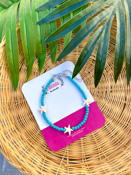 KD060012- Tobillera Estrellas con Cuentas Mini Azules