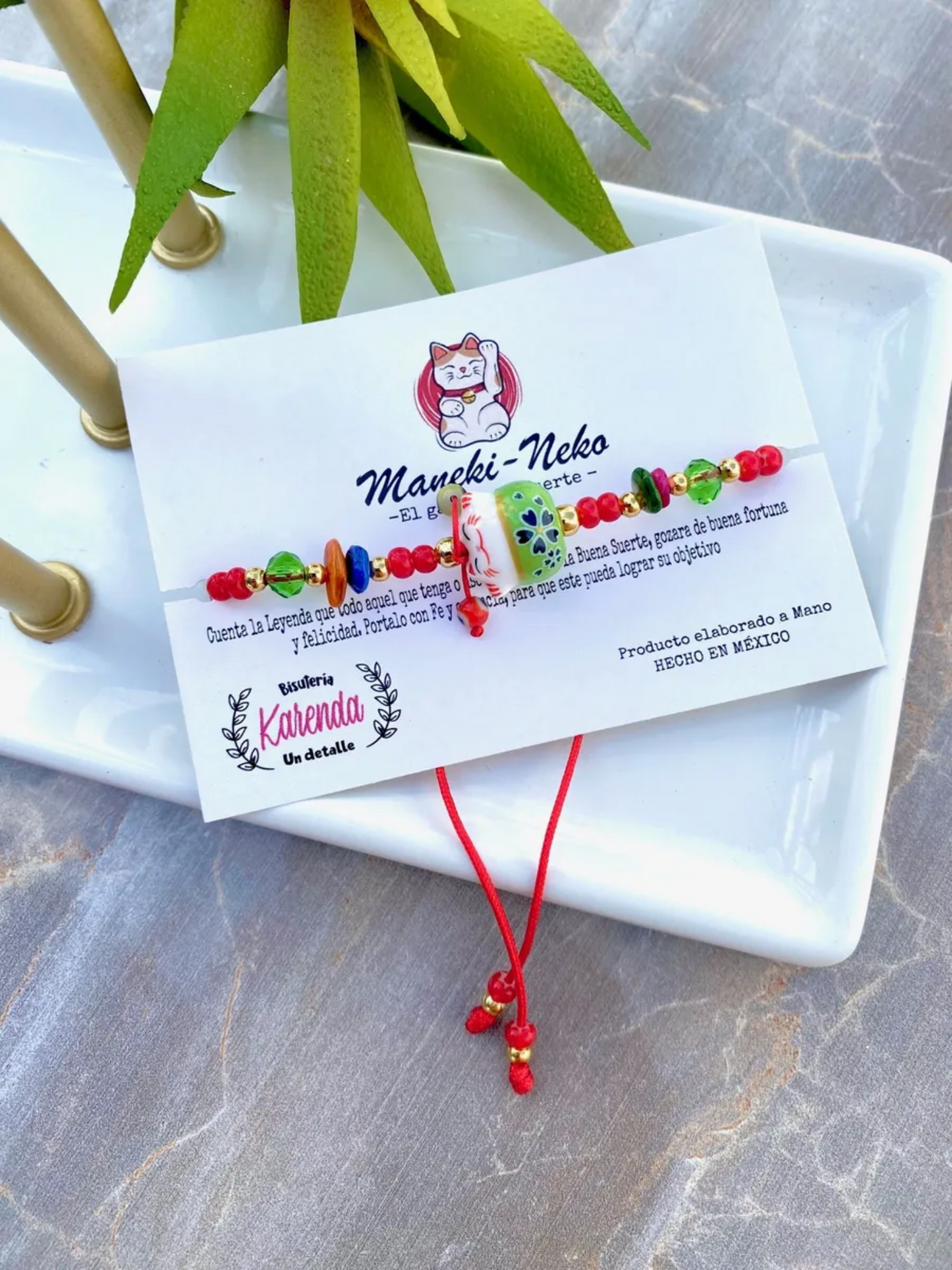 KD090696- Pulsera de Maneki Neko con Chaquiron y Chip de Piedra Natural