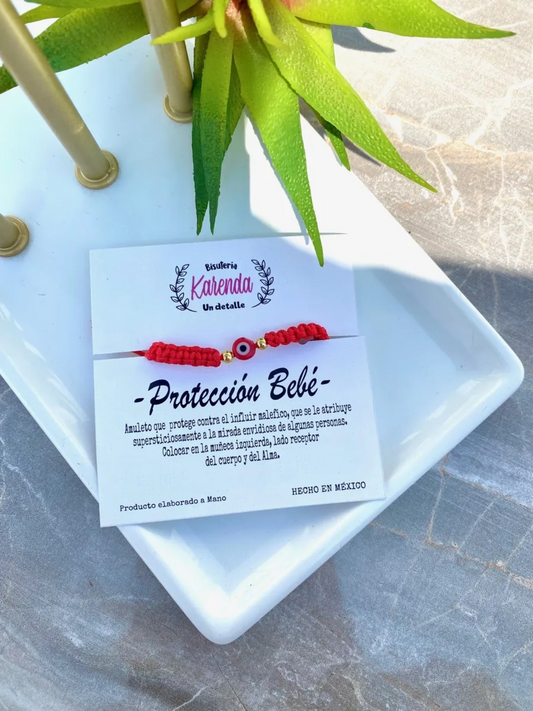 KD090069R- Pulsera de Bebe Protección con Tejido Macramé y Ojito Turco Plano