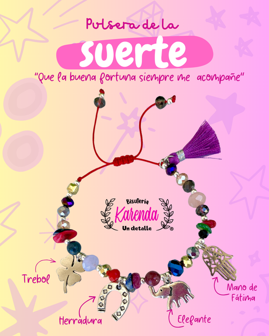 KD090775- Pulsera de la Suerte con Multidijes y Materiales en color Plata
