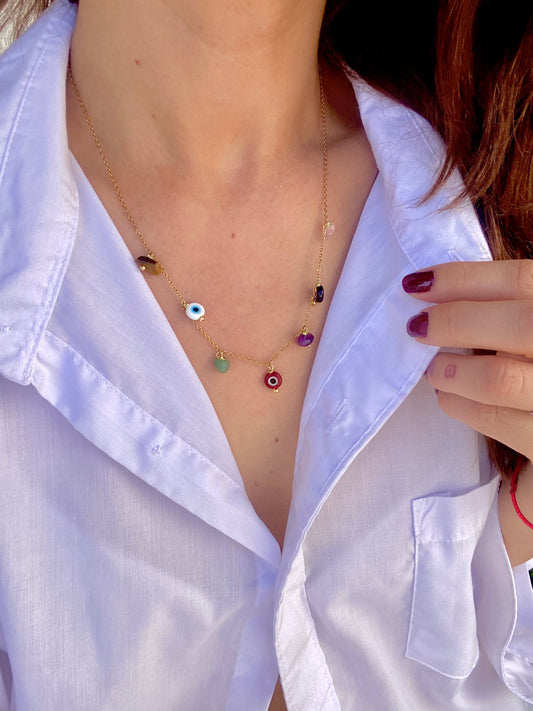 KD050757- Collar de Cadena con Multi dijes de Ojos Turcos y Piedras Naturales