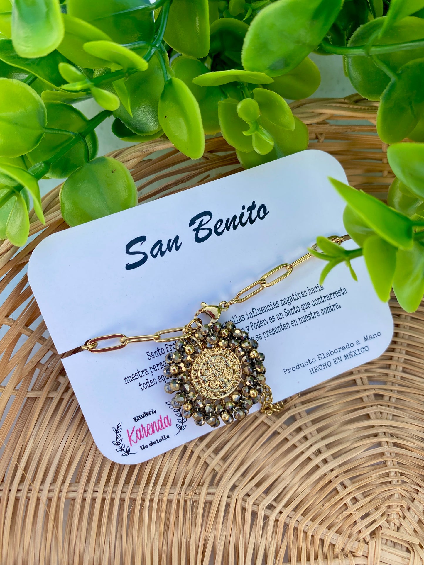 KD090755- Pulsera de Cadena con Medalla de Cristales de San Benito