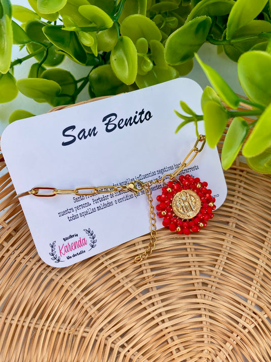 KD090755- Pulsera de Cadena con Medalla de Cristales de San Benito