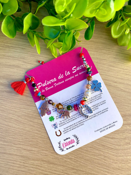 KD090775- Pulsera de la Suerte con Multidijes y Materiales en color Plata