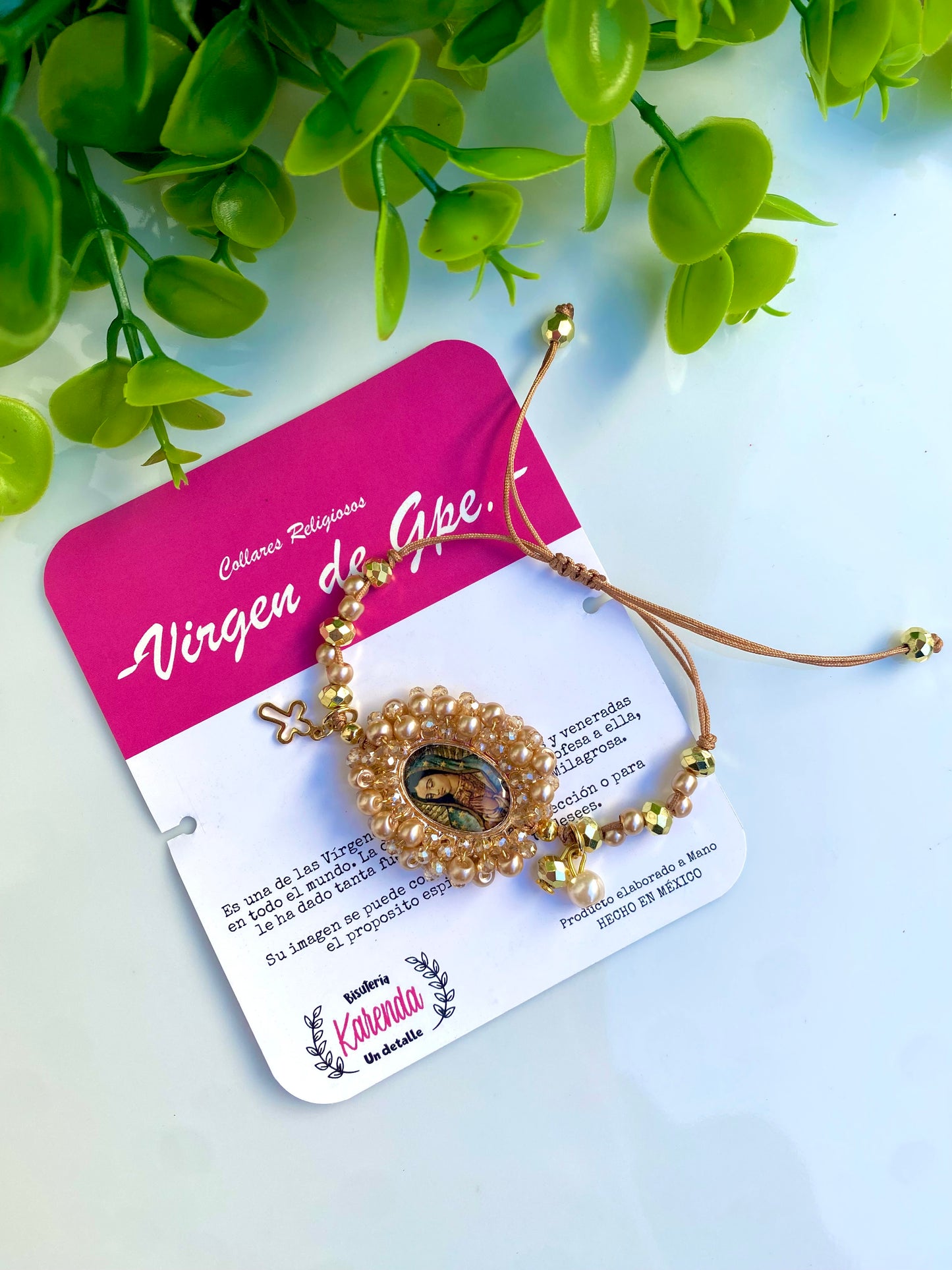 KD230096- Pulsera Medalla de la Virgen de Guadalupe Perla color Rosado