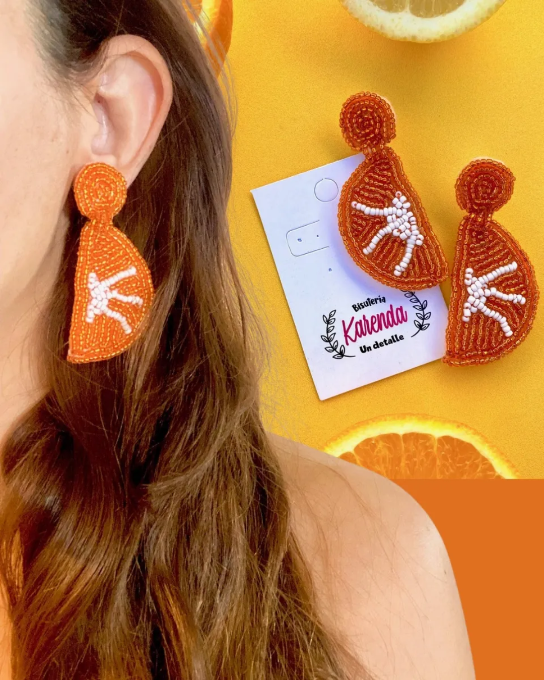 KD010410- Aretes Bordados con Chaquira de Forma Citricos