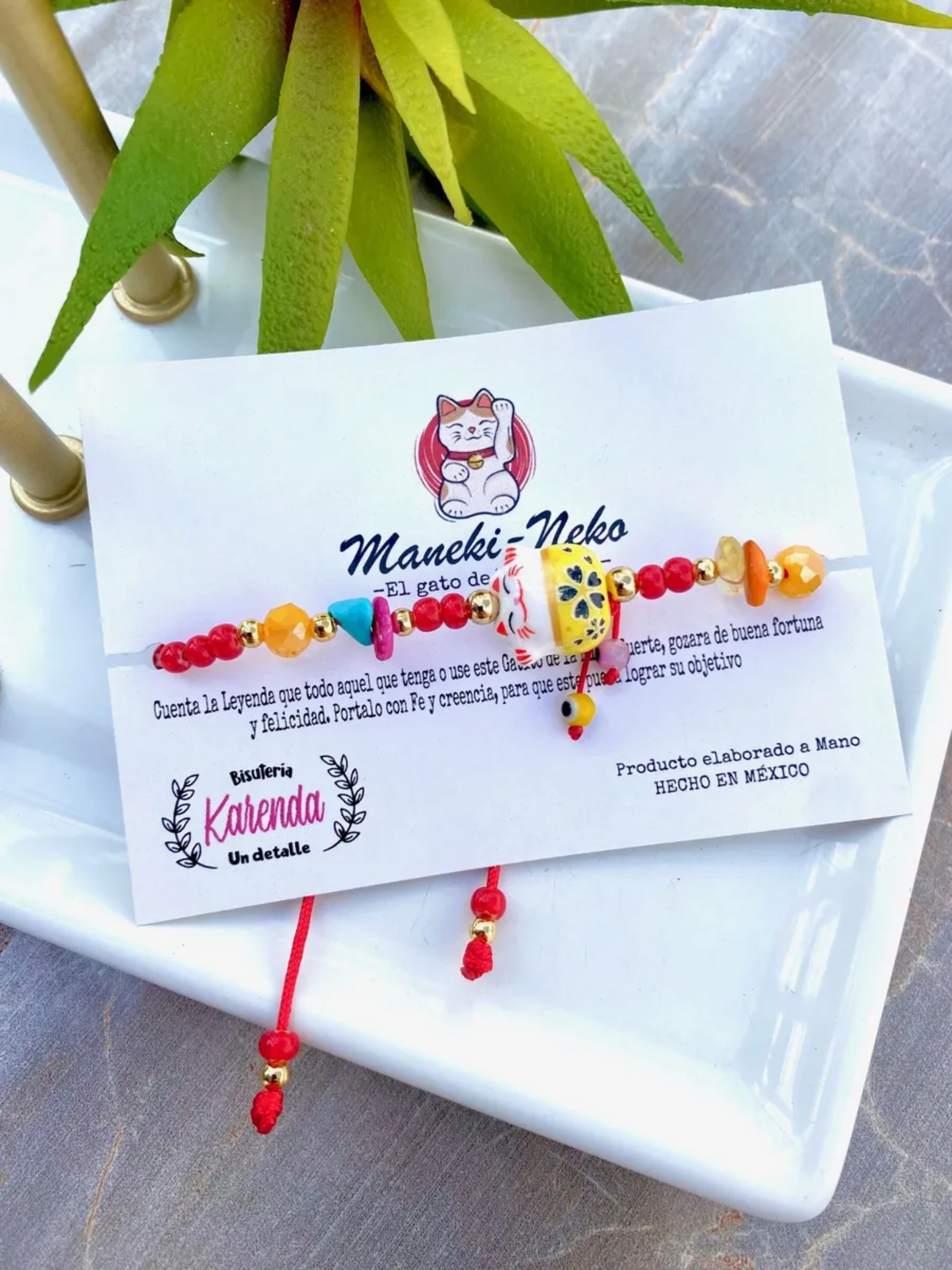KD090696- Pulsera de Maneki Neko con Chaquiron y Chip de Piedra Natural