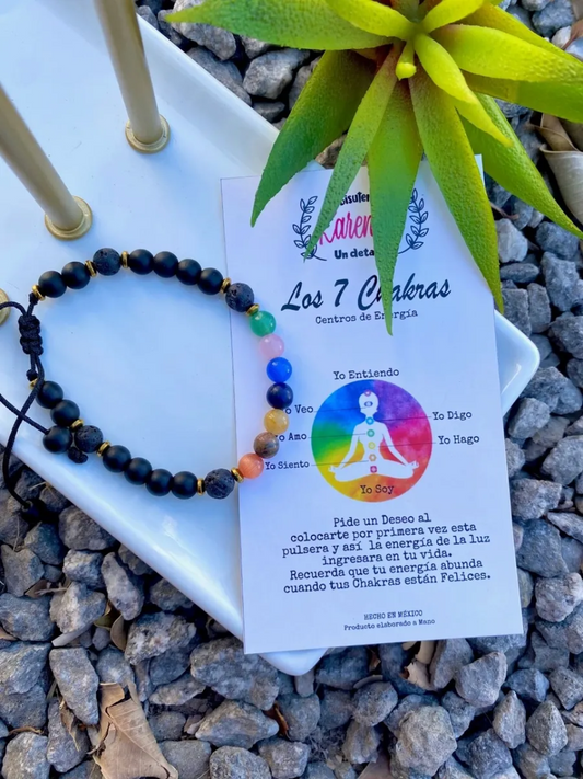 KD090470- Pulsera 7 Chakras con Piedra Volcánica y Ágata de 6mm
