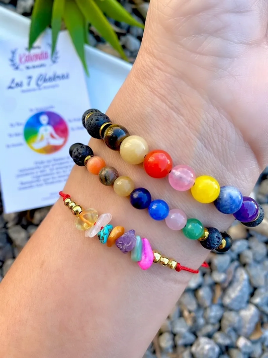 KD090470- Pulsera 7 Chakras con Piedra Volcánica y Ágata de 6mm