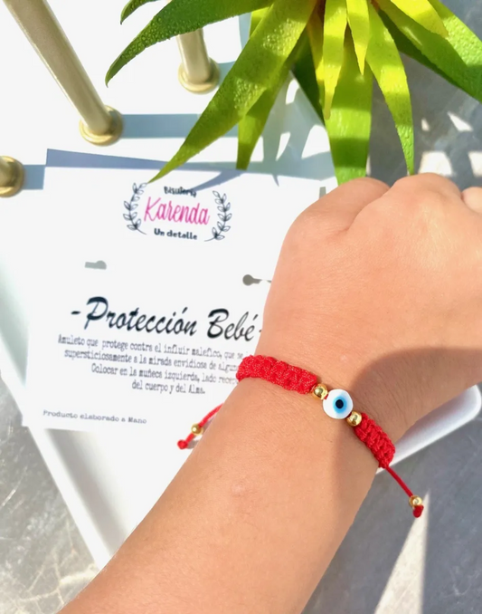 KD090069R- Pulsera de Bebe Protección con Tejido Macramé y Ojito Turco Plano