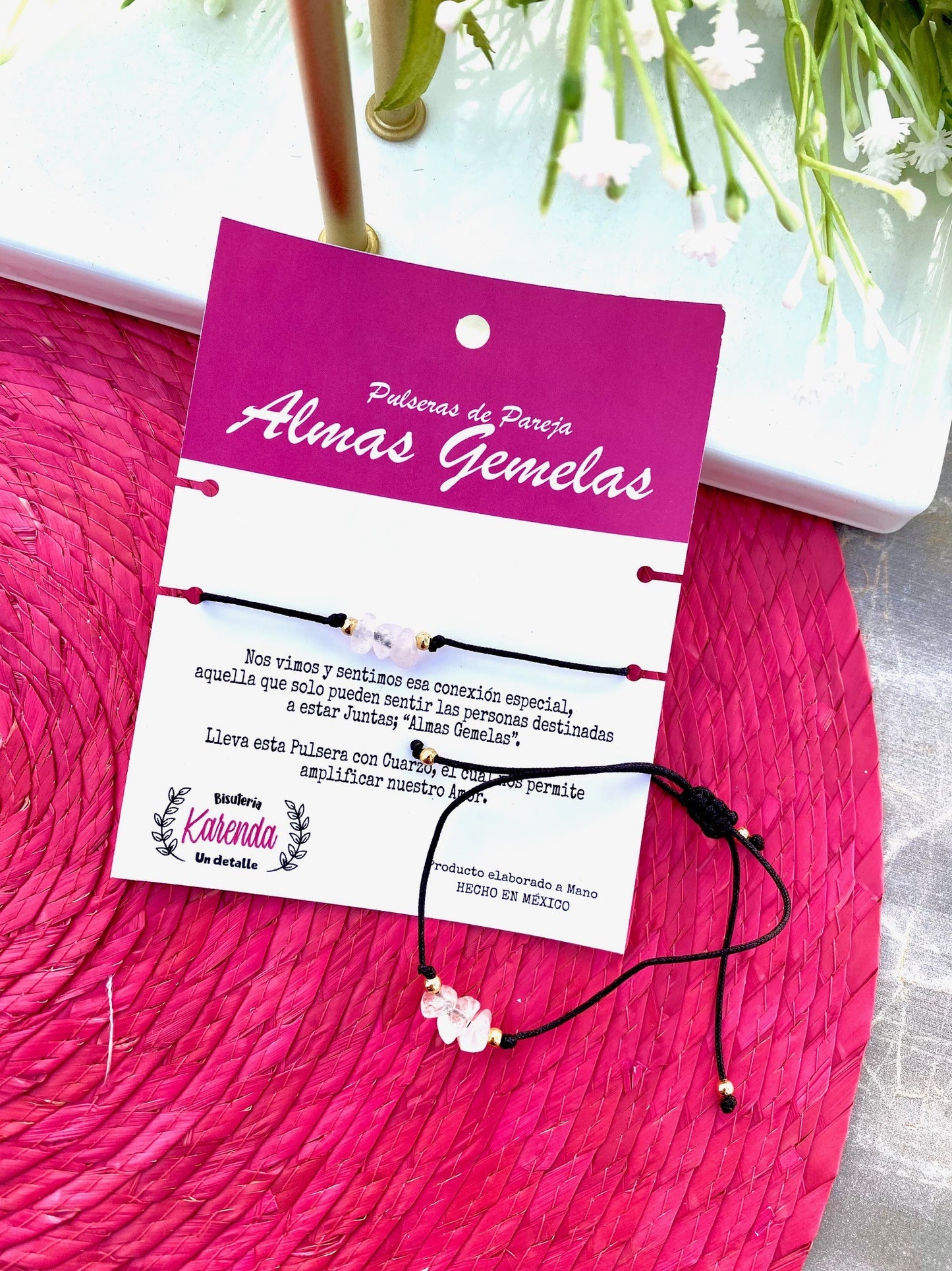 KD090097-Set de Pulseras de Pareja "Almas Gemelas" con Cuarzo Rosa