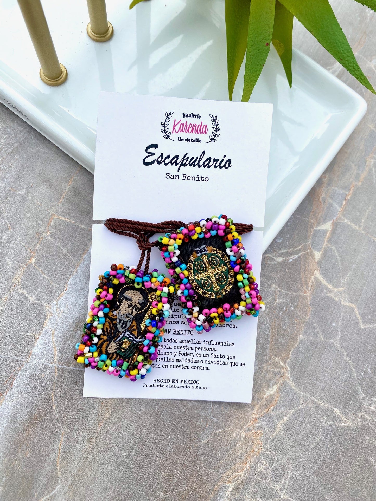 KD090490CO- Escapulario Grande de San Benito Bordado con Chaquira de Colores