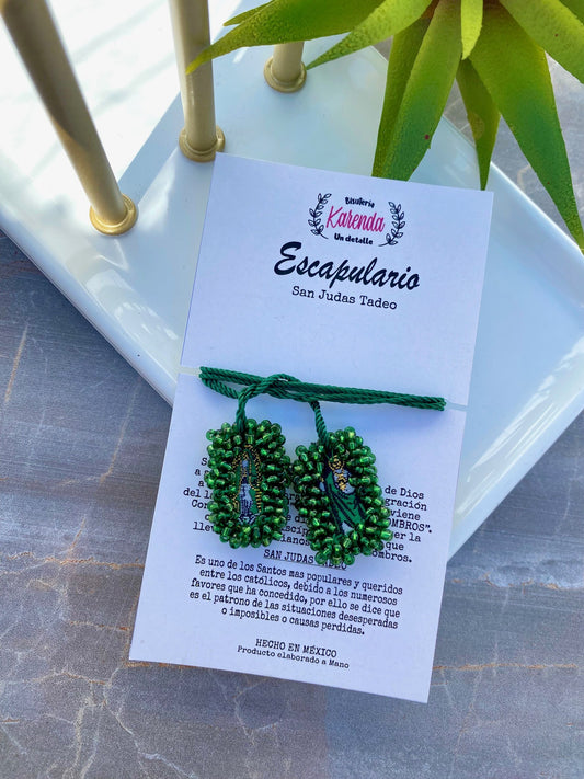 KD090108- Escapulario Mini de San Judas Tadeo Bordado con Chaquira Verde