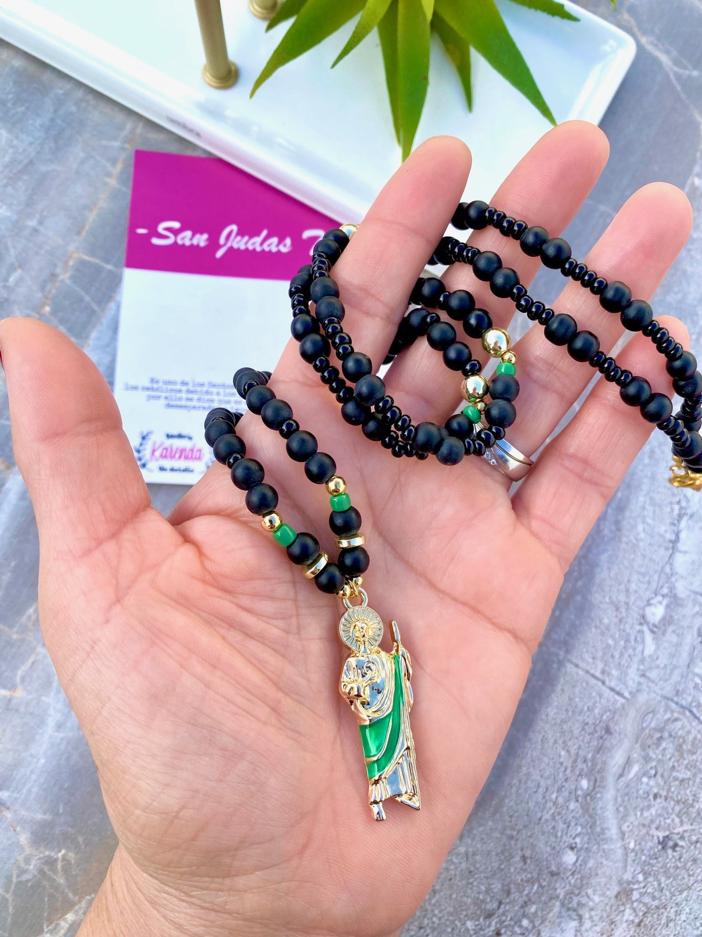 KD050165B-Collar de San Judas Tadeo con cuentas de Ónix y Ojo de Tigre